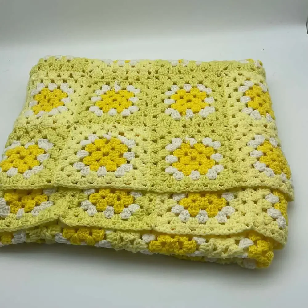 Handmade Crochet Granny Square Blanket 38x56 Yellow White Floral Afghan
